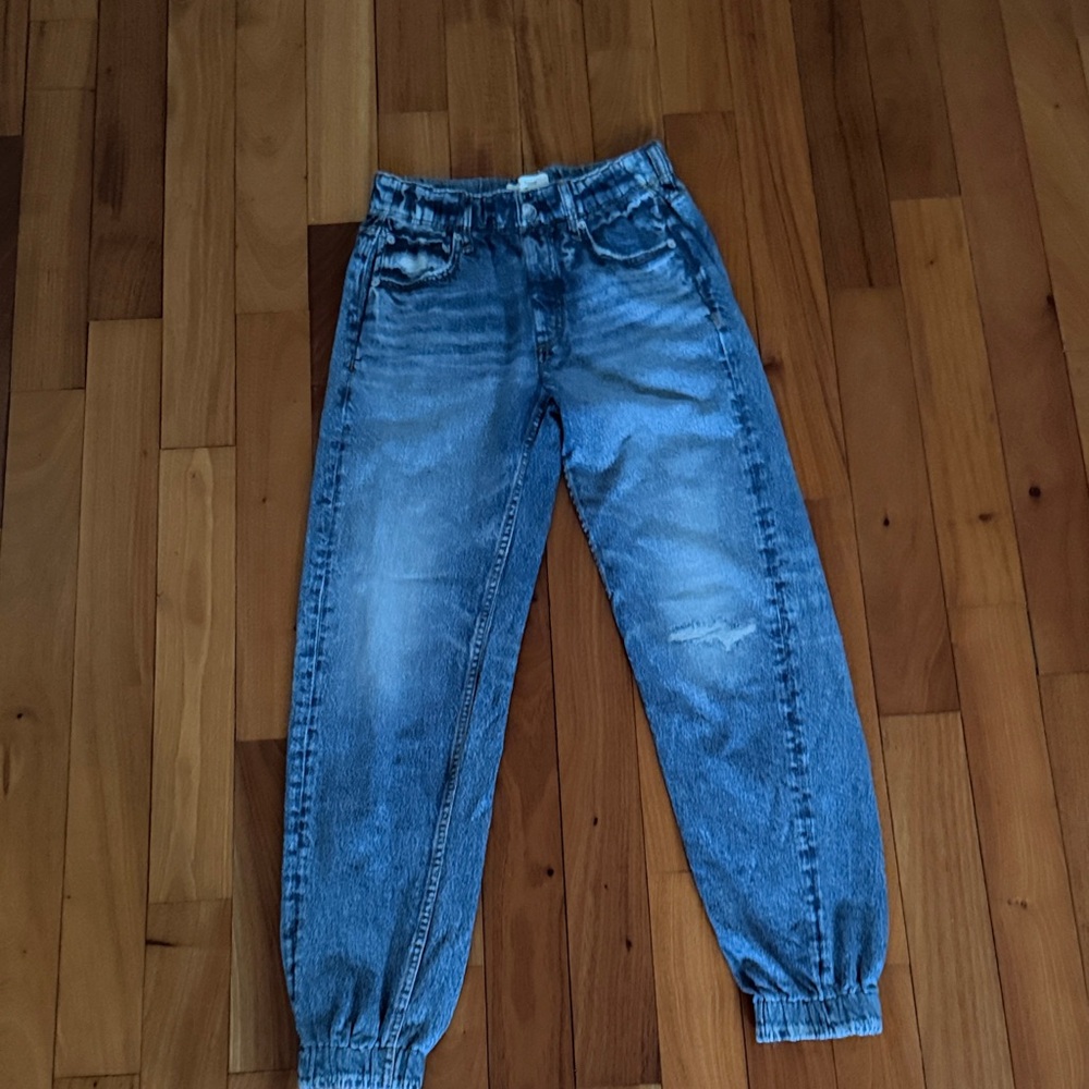 Casual Elastic Hem Blue Denim Jogger Jeans